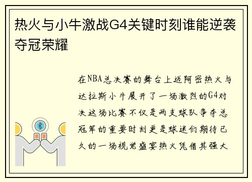 热火与小牛激战G4关键时刻谁能逆袭夺冠荣耀